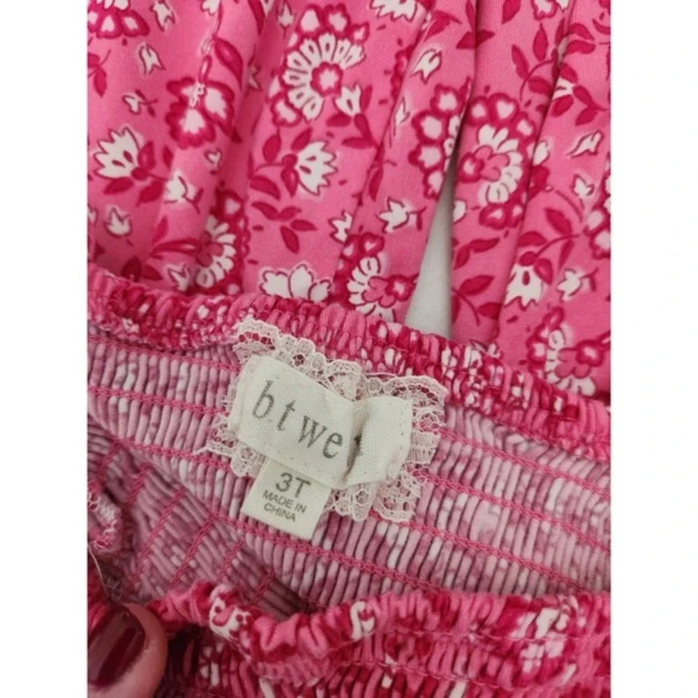 btween Girls Pink Floral Smocked Off Shoulder Crop Top Wide Leg Jumpsuit 3T - Picture 5 of 11